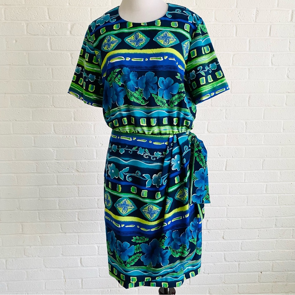 VTG Sag Harbor Dress Sz 10 Floral Blue Green 90s Hawaiian Island Dress Tropical